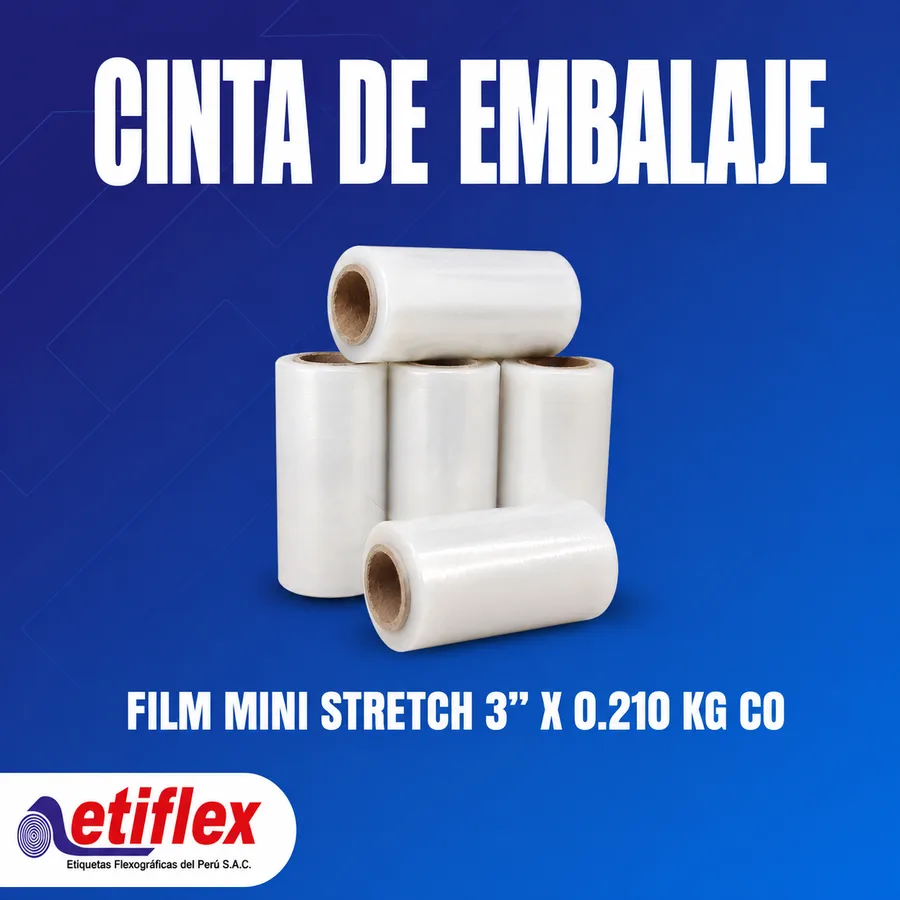 Film Mini Stretch 3” x 0.210 kg con mango para embalaje – Altura 12.5 Cm – Caja X24 Unid